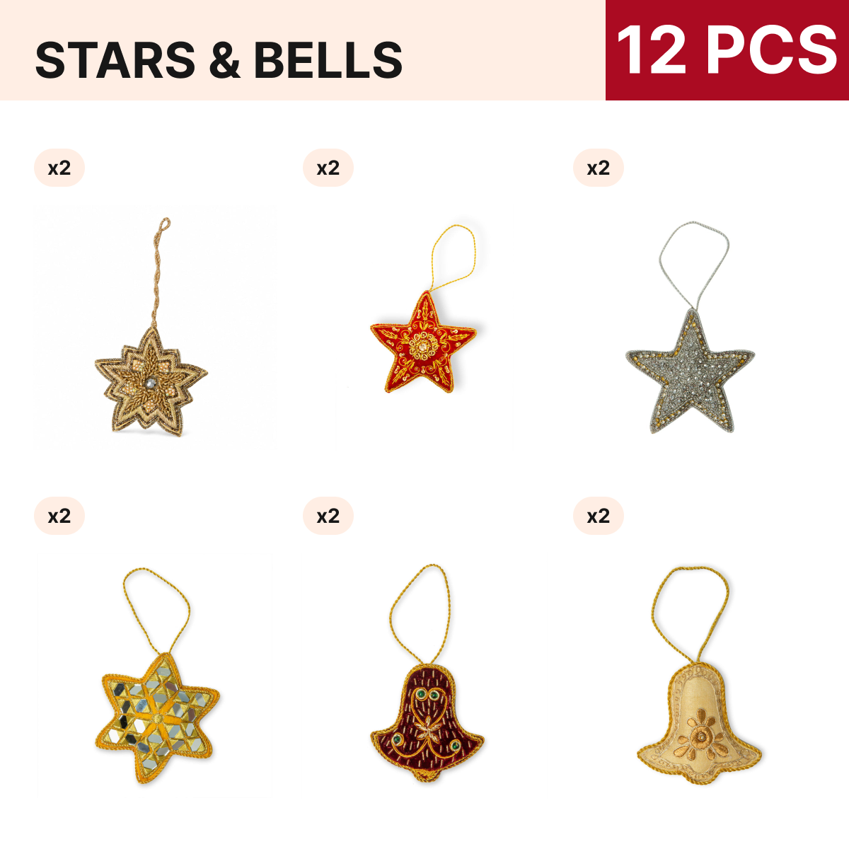 Stars and Bells Christmas Ornament Pack, 12 pieces