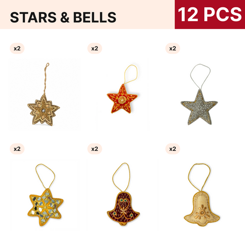 Stars and Bells Christmas Ornament Pack, 12 pieces
