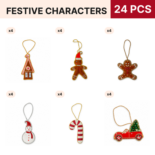 Festive Characters Christmas Ornament Pack, 24 pieces