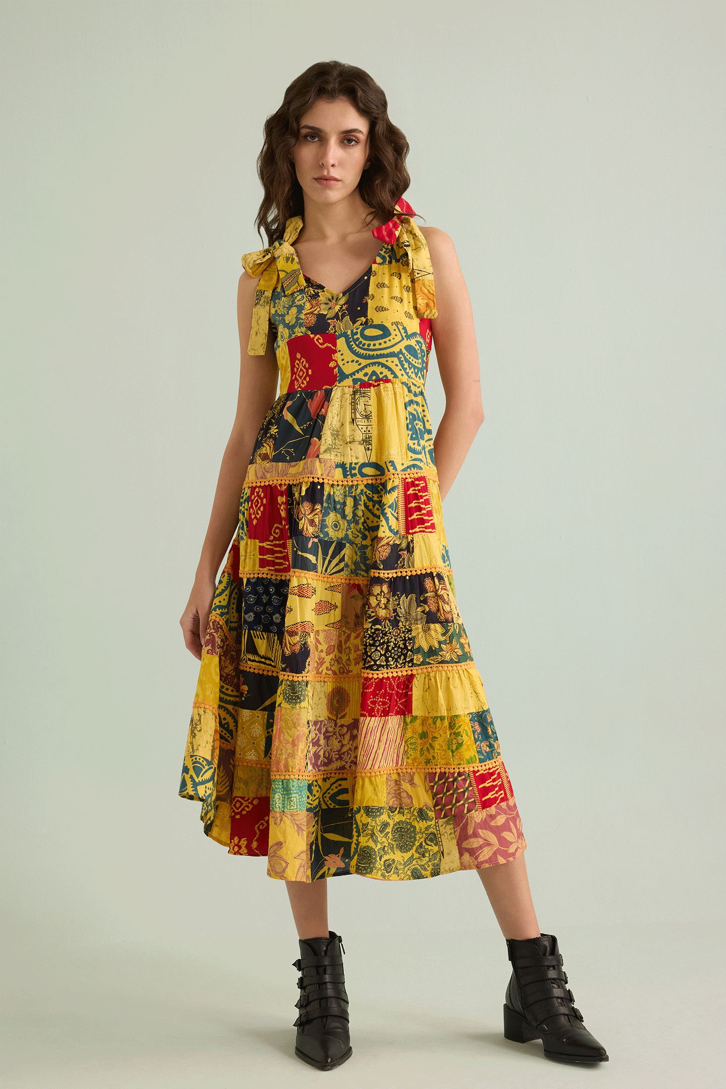Savannah's Serendipity Patchwork Dress In Yellow