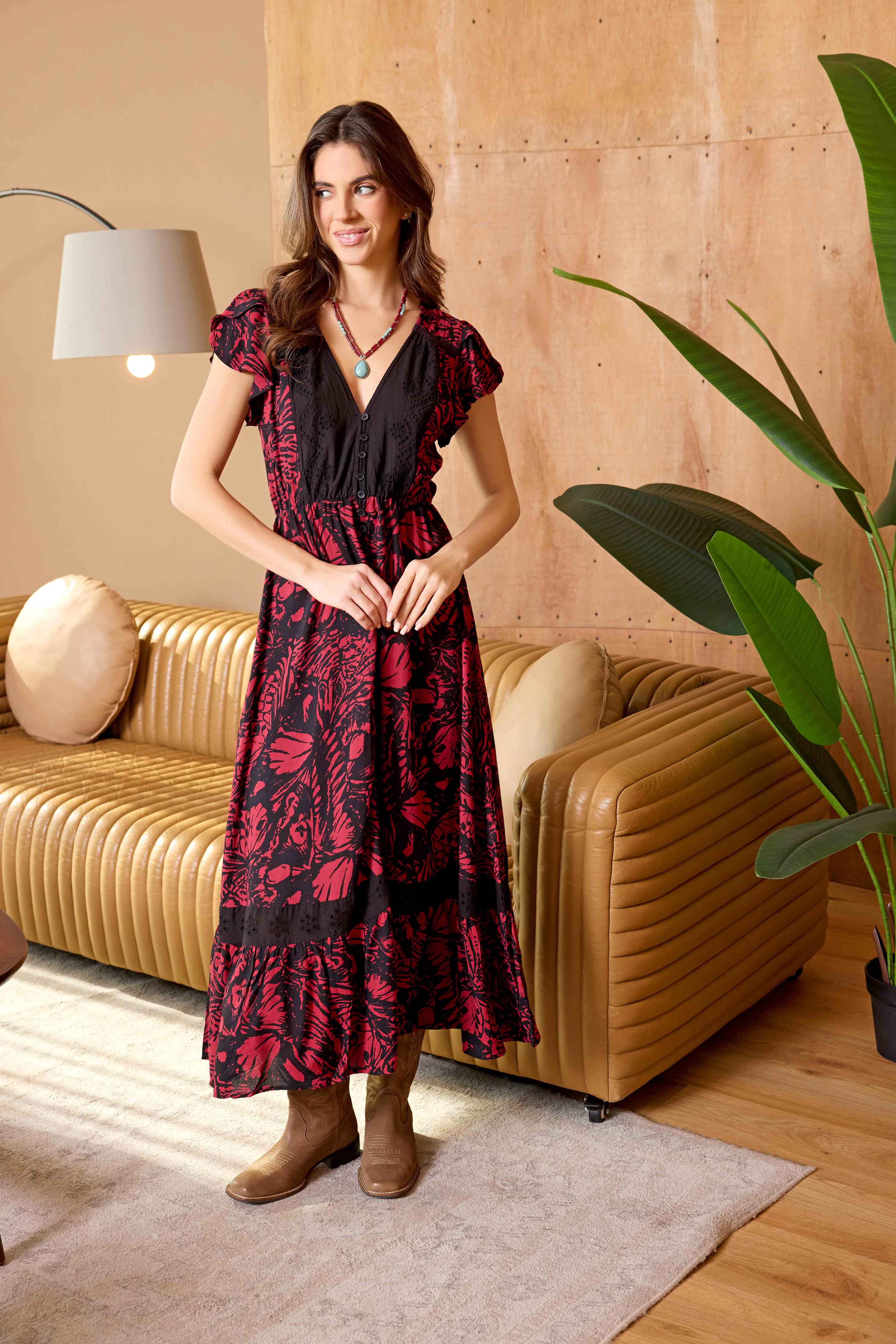 Bohera Songbloom V-Neck Sleevless Maxi Dress in Deep Rouge