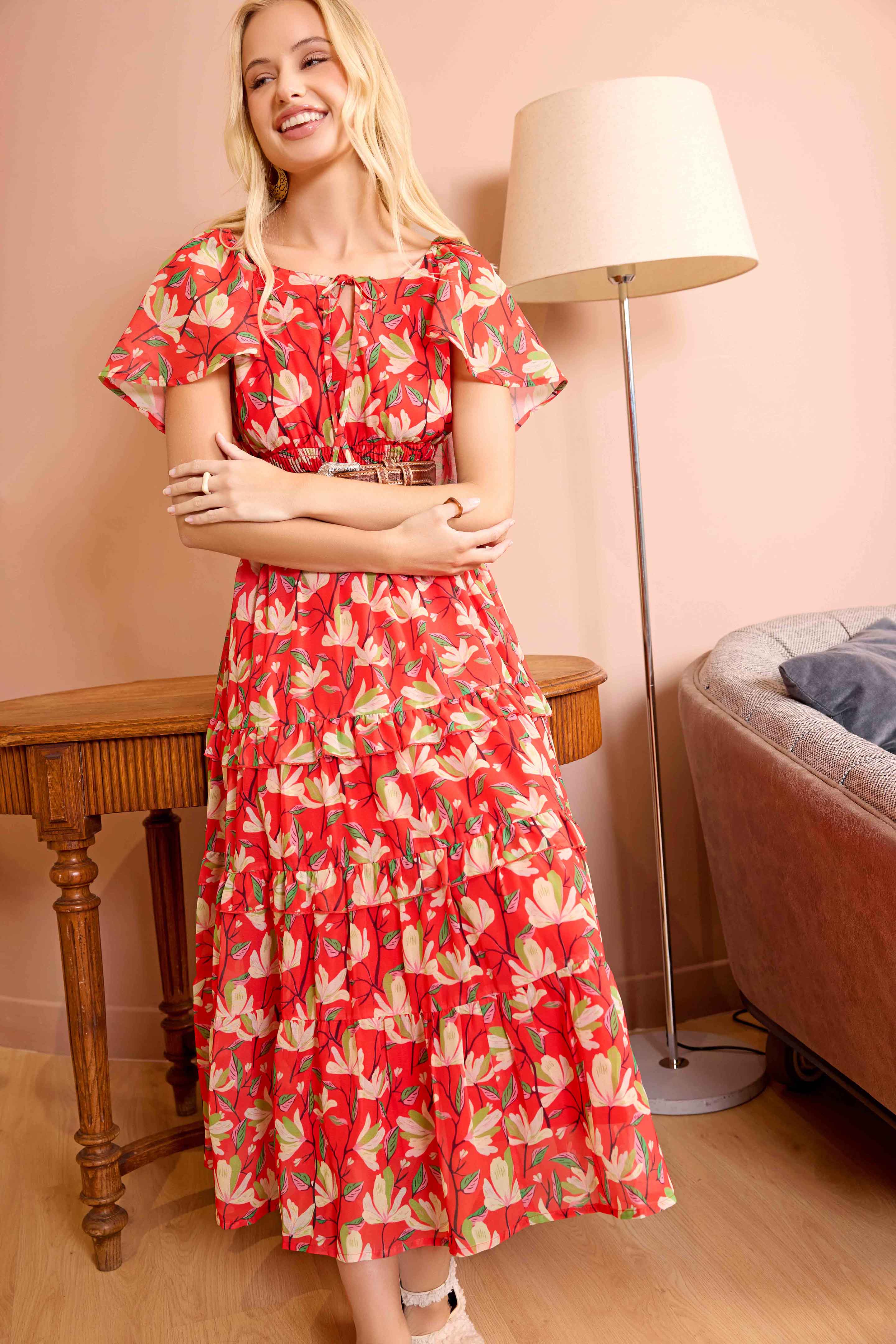 Bohera Lariat Grace Lace Trim Midi Dress in Crimson Red