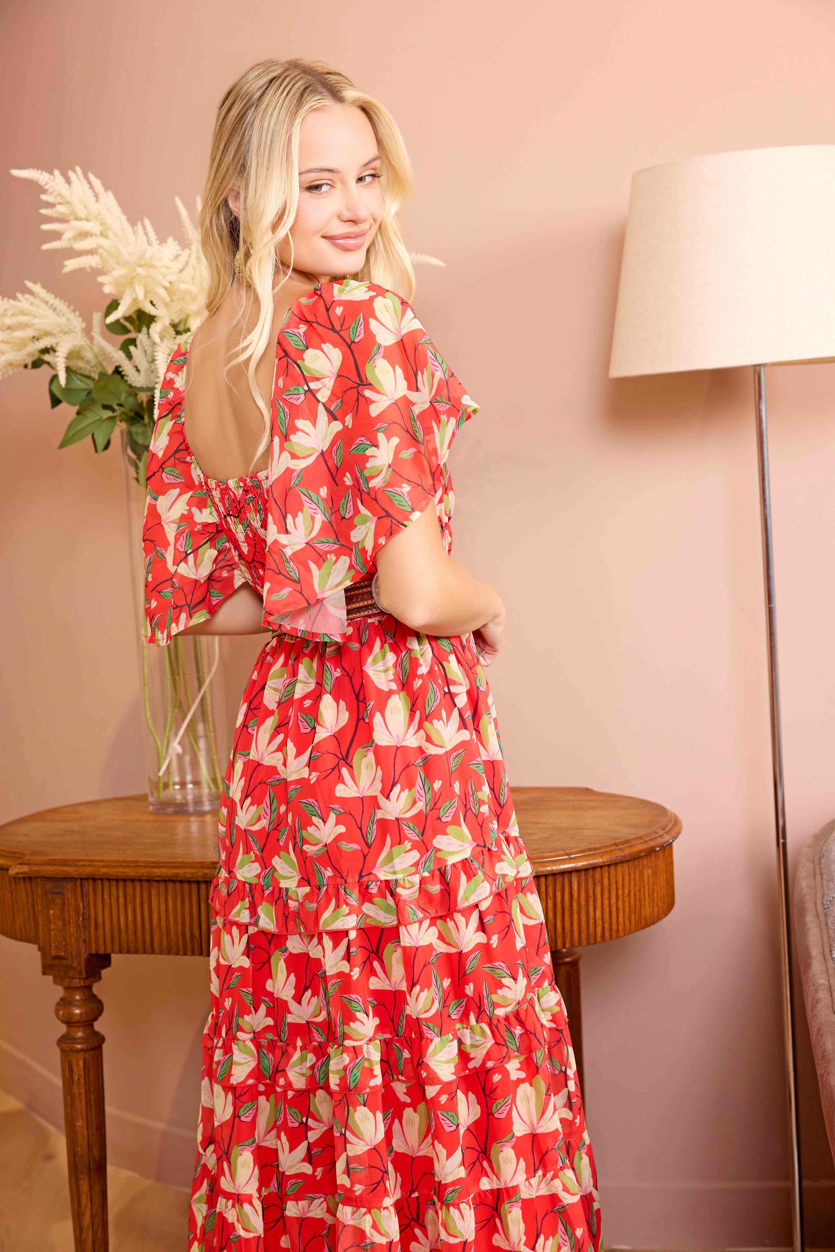 Bohera Lariat Grace Lace Trim Midi Dress in Crimson Red