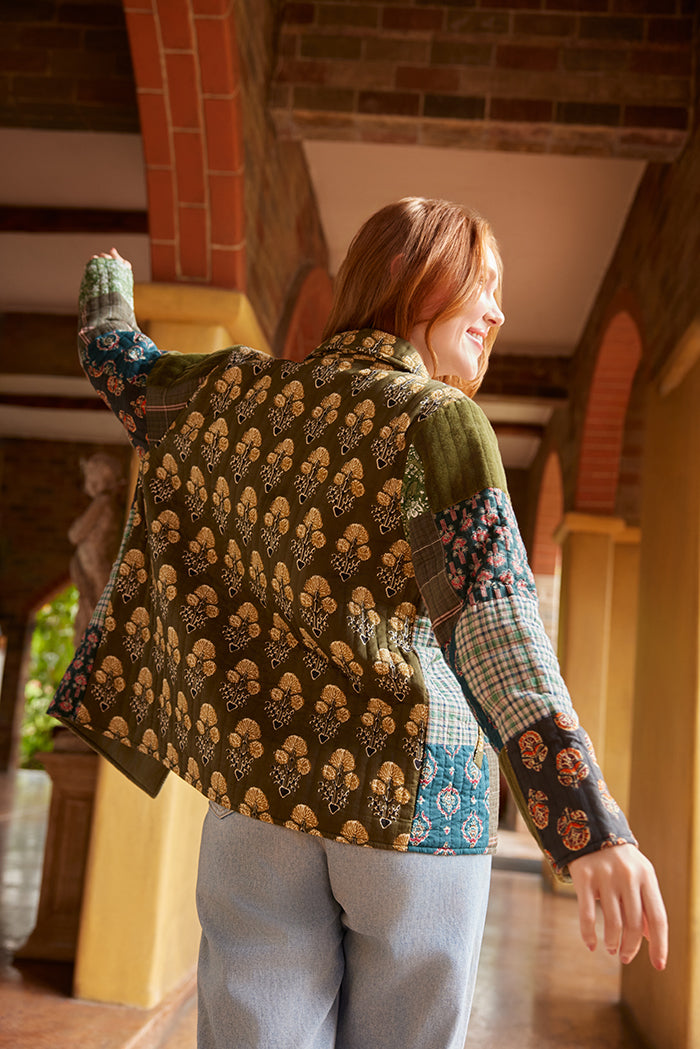 Meadow Folk Quilted Jacket with Patchwork in Dusty Green