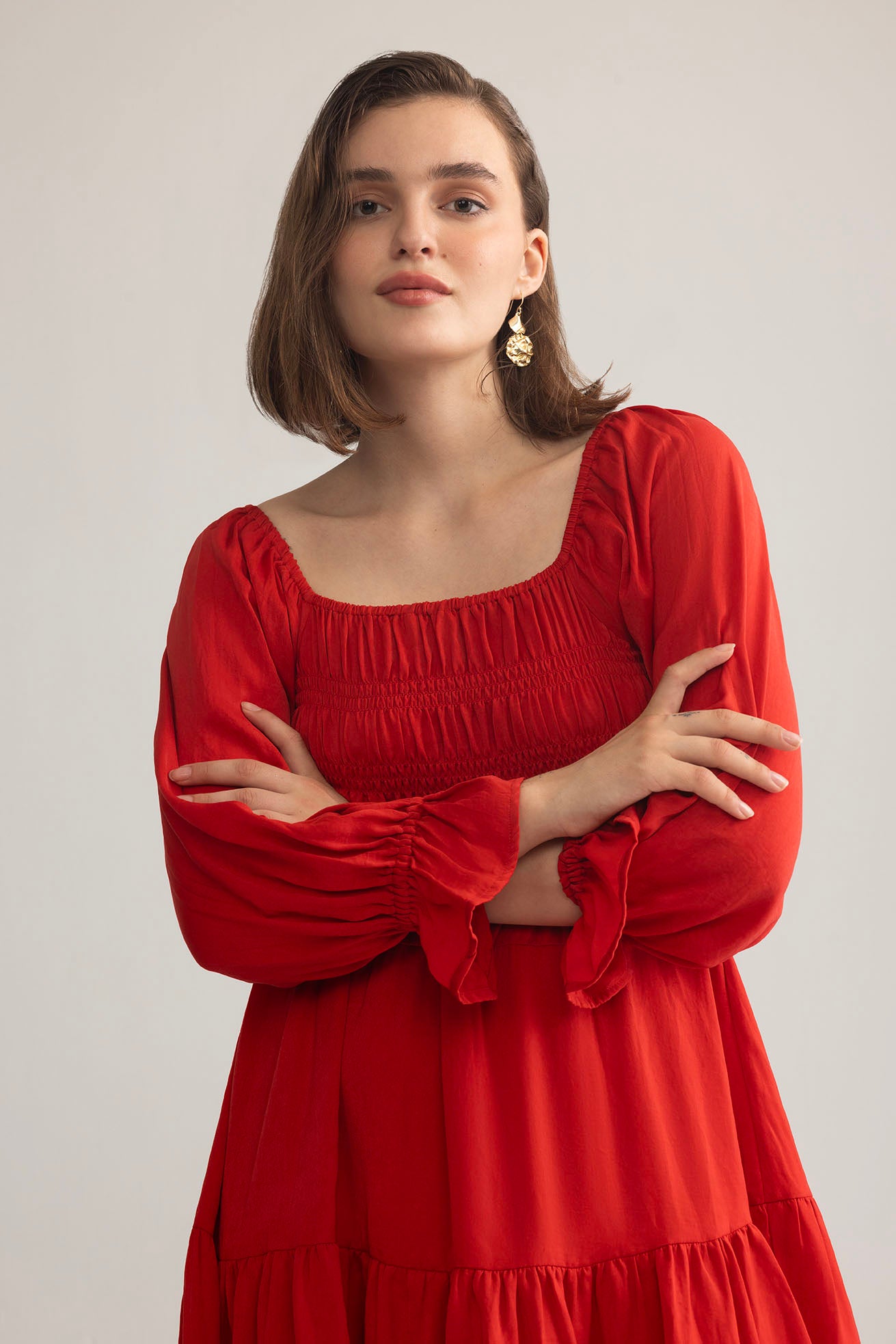 Daisywood Ruffle Smocking Dress in Red