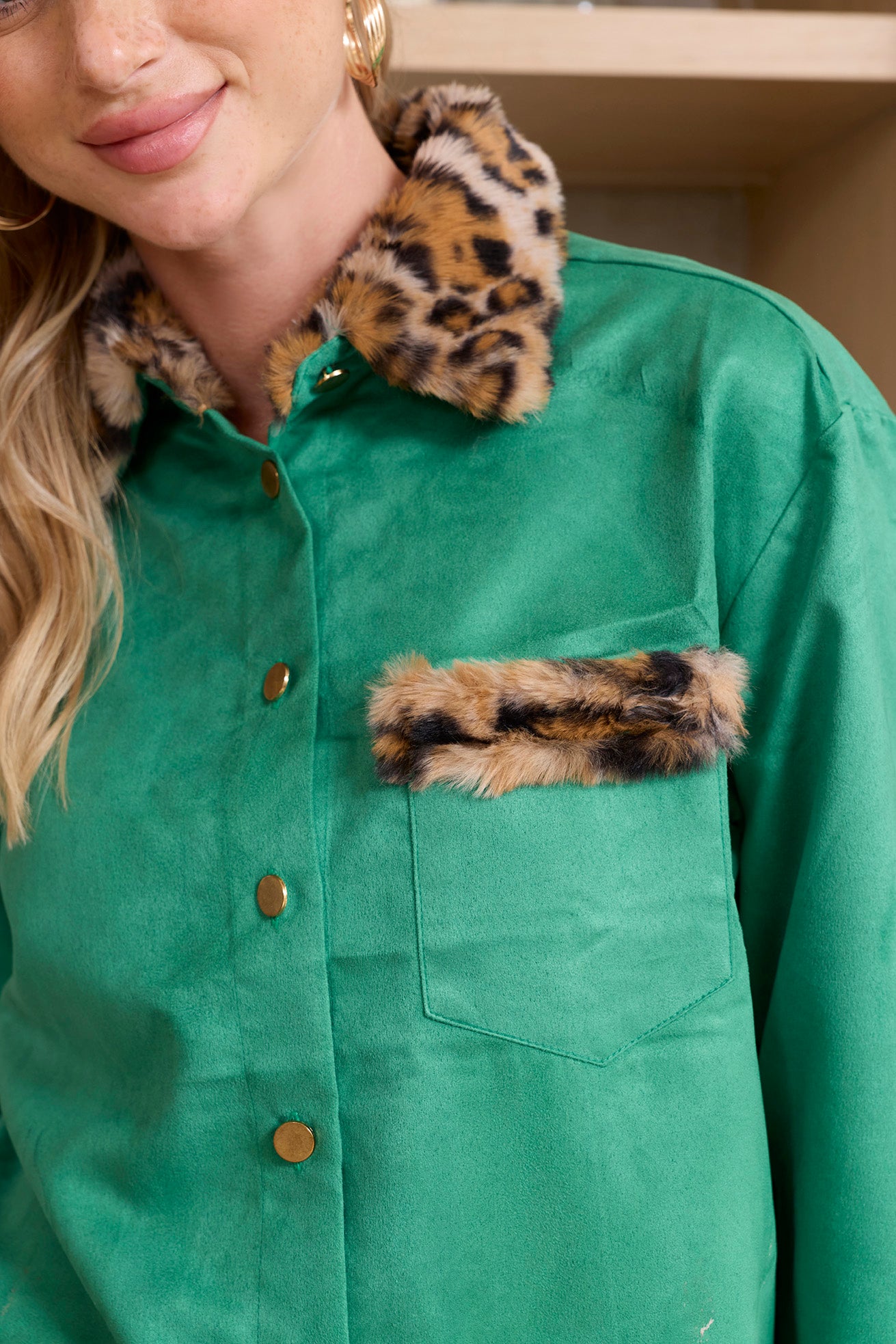 Sienna Rose Women's Shirt in Green with Fur
