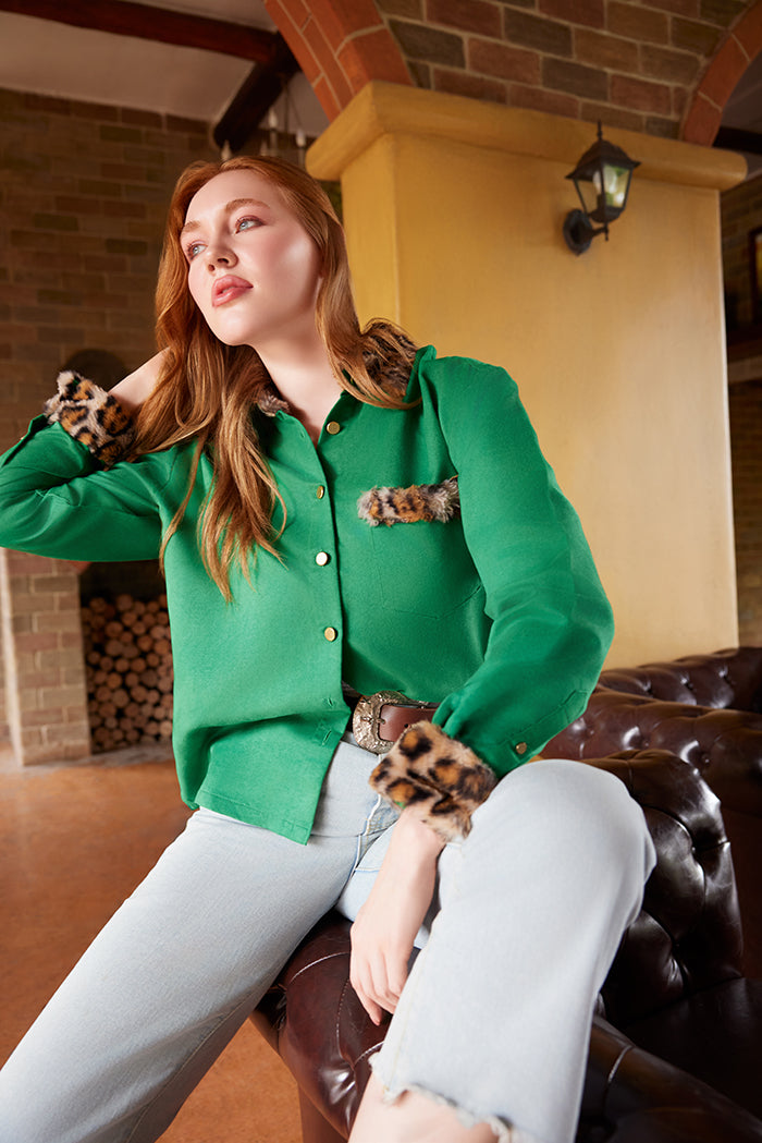 Sienna Rose Women's Shirt in Green with Fur