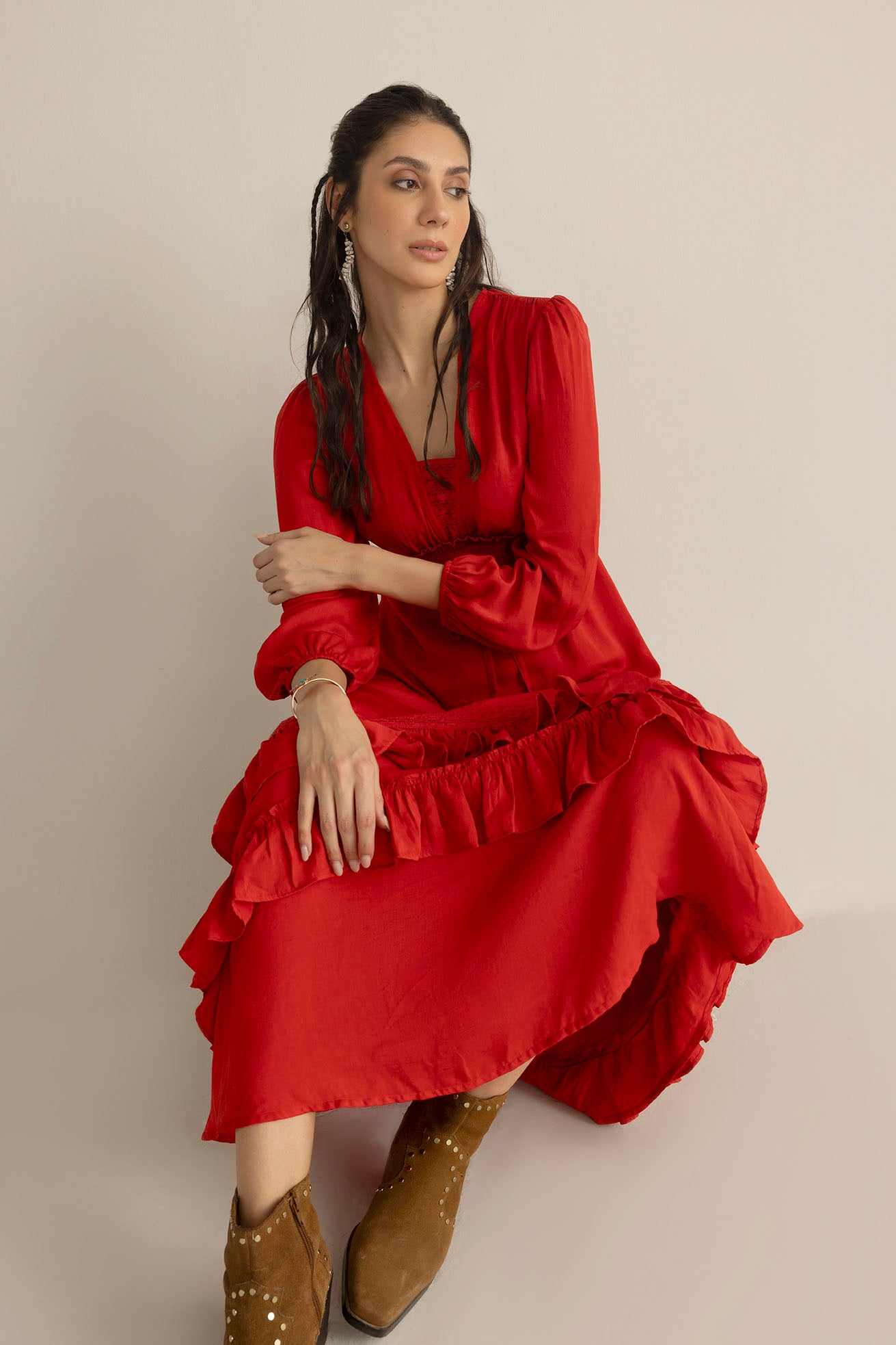Rumba Rouge Satin Dress in Spiced Red