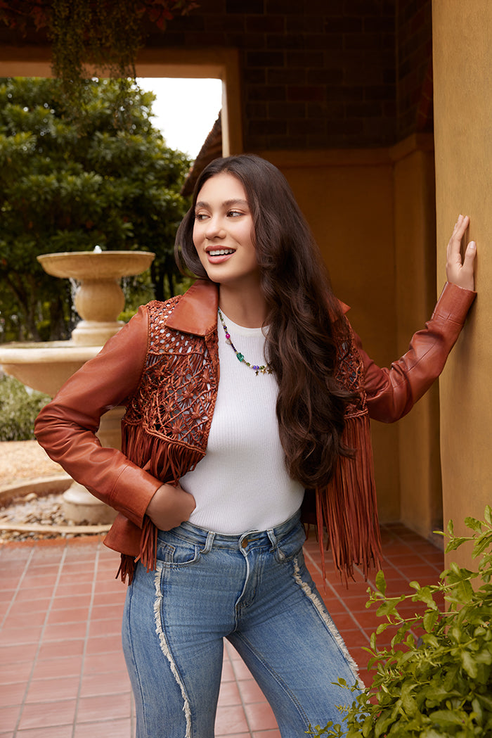 Boheme Braids Leather Jacket in Maple Brown