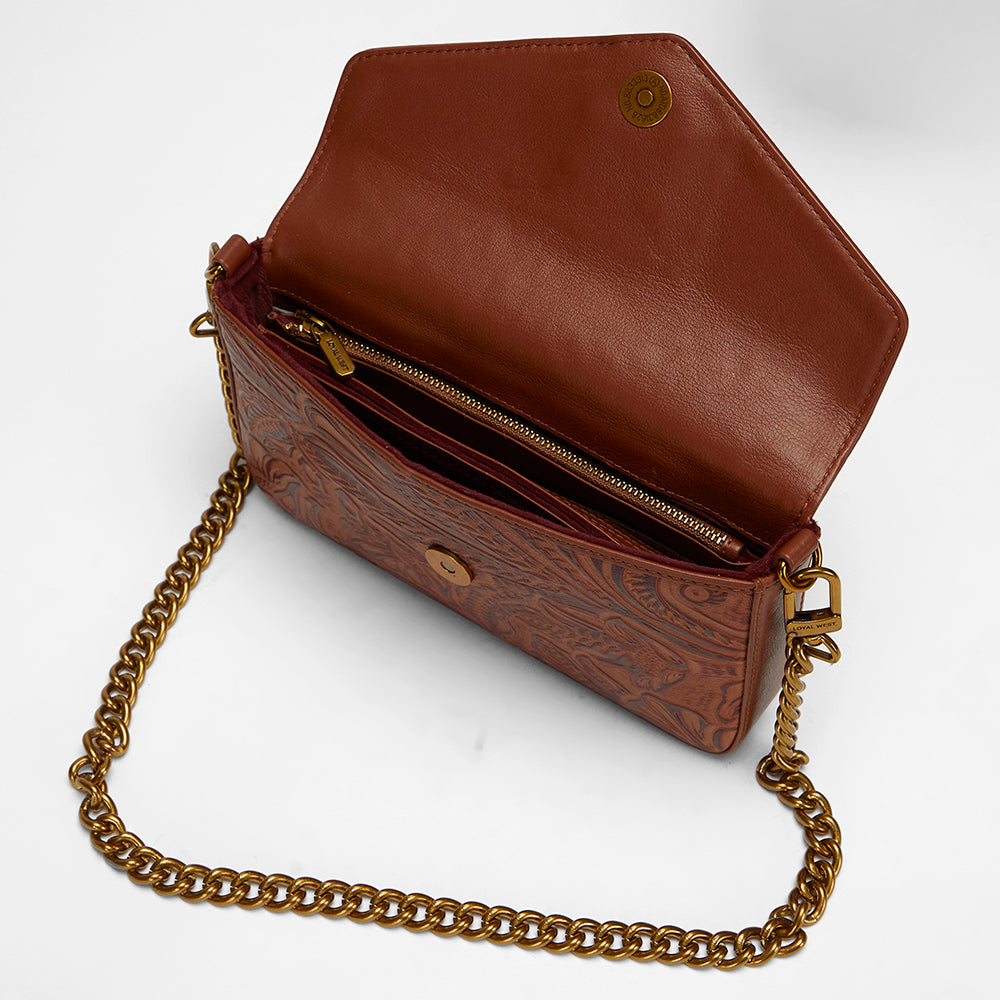 Loyal West On The Go Mini Chain Bag In Hand Finished Embossed Leather - Brown