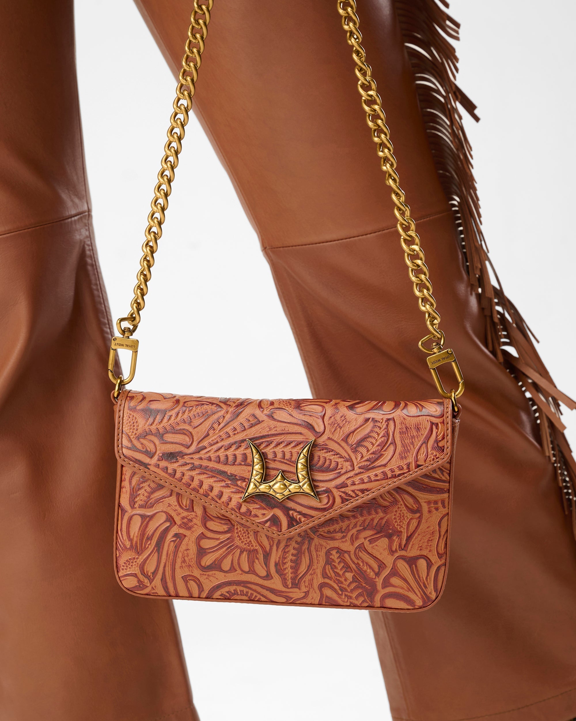 Loyal West On The Go Mini Chain Bag In Hand Finished Embossed Leather - Brown