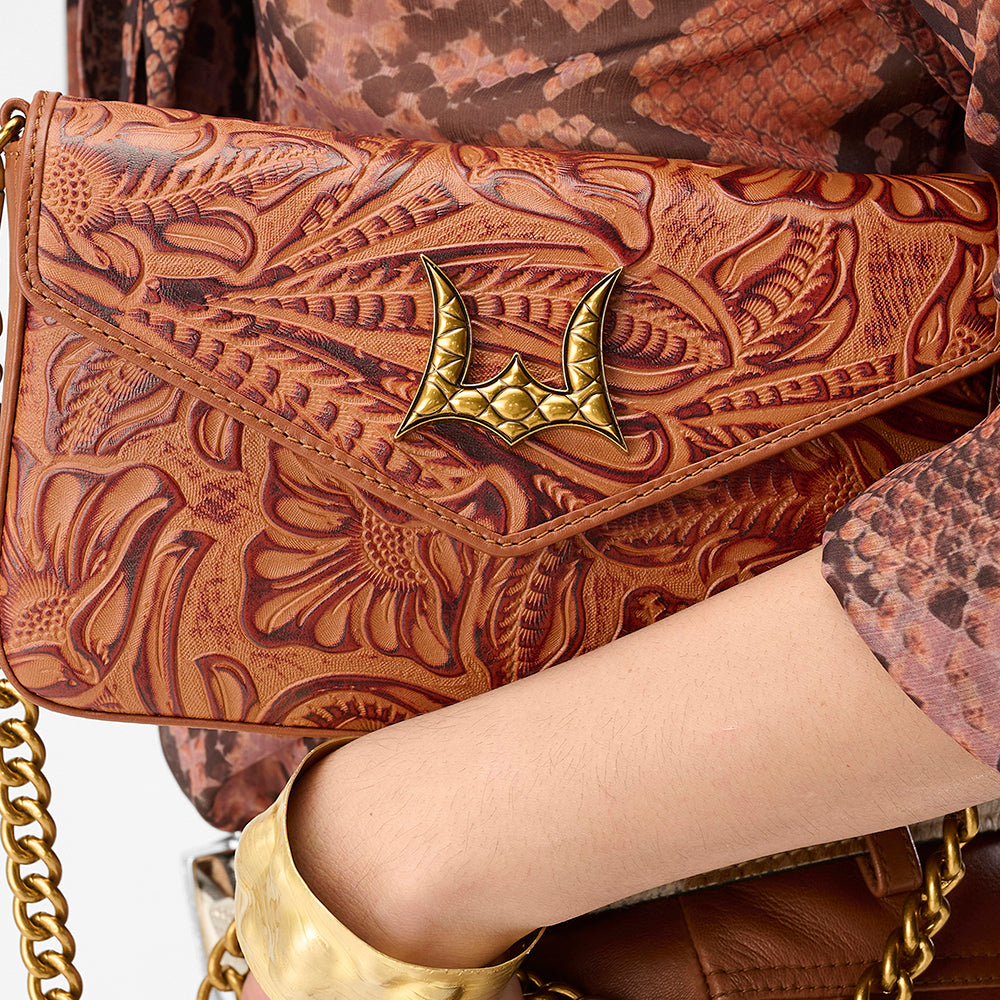 Loyal West On The Go Mini Chain Bag In Hand Finished Embossed Leather - Brown