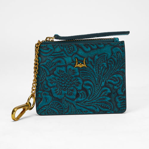 Loyal West Sophia Credit Card Holder In Hand Finished Embossed Leather - Turquoise
