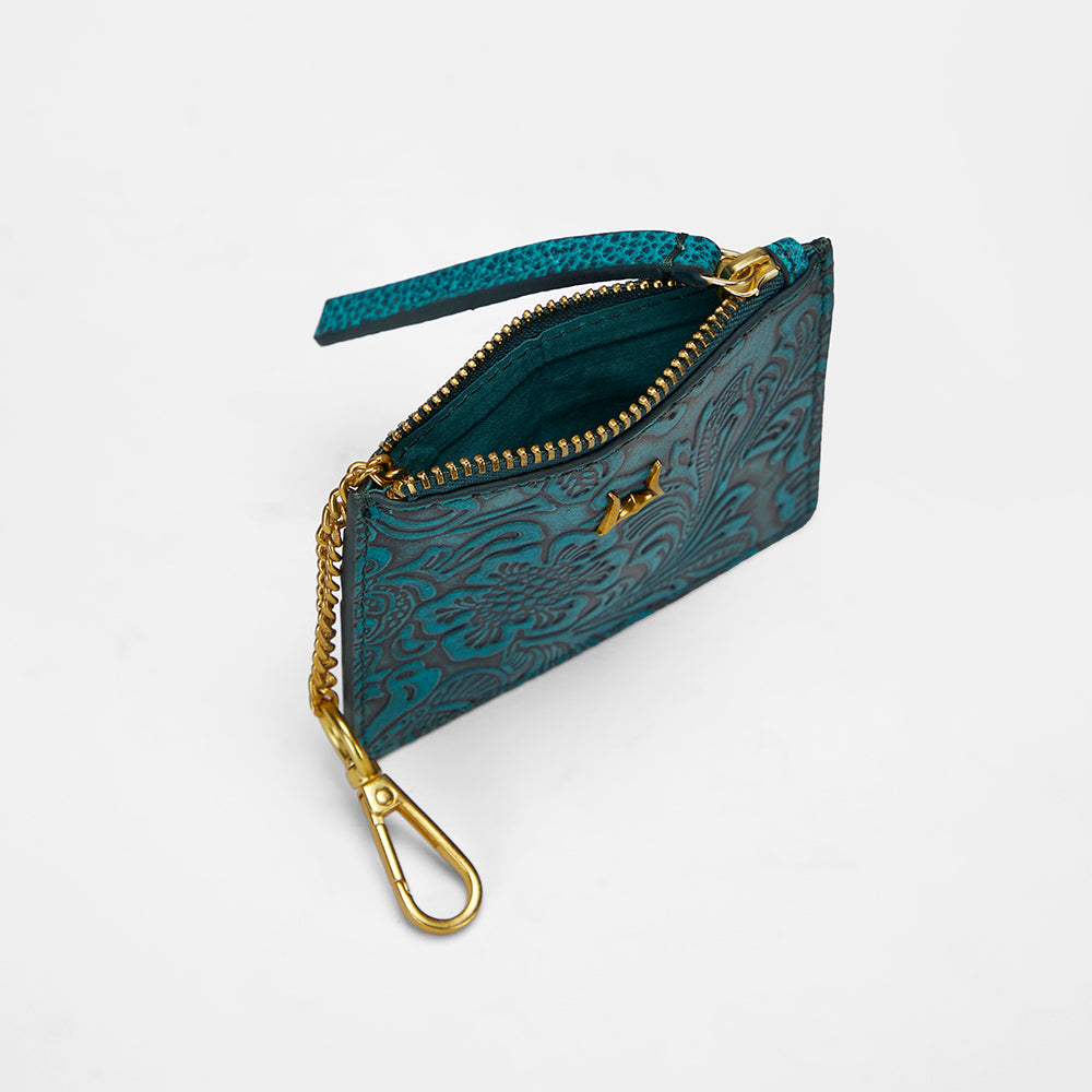 Loyal West Sophia Credit Card Holder In Hand Finished Embossed Leather - Turquoise