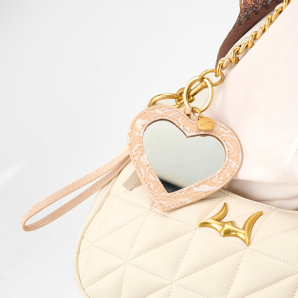 Loyal West Heart Shape Bag Charm In Hand Finished Embossed Leather - White