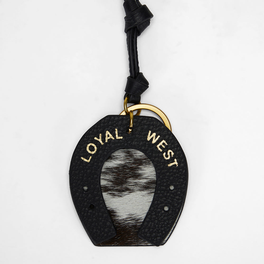 Loyal West Horse Shoe Bag Charm In Black & White Cowhide