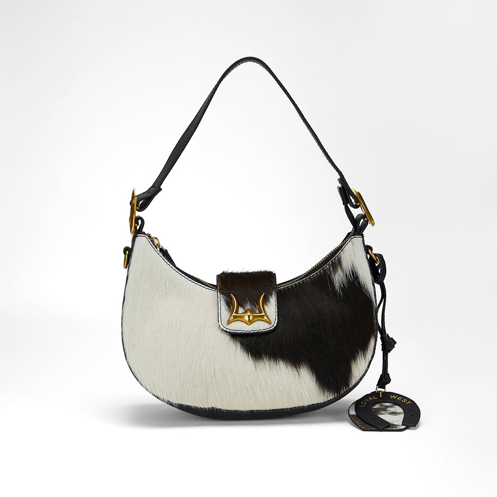 Loyal West Horse Shoe Bag Charm In Black & White Cowhide