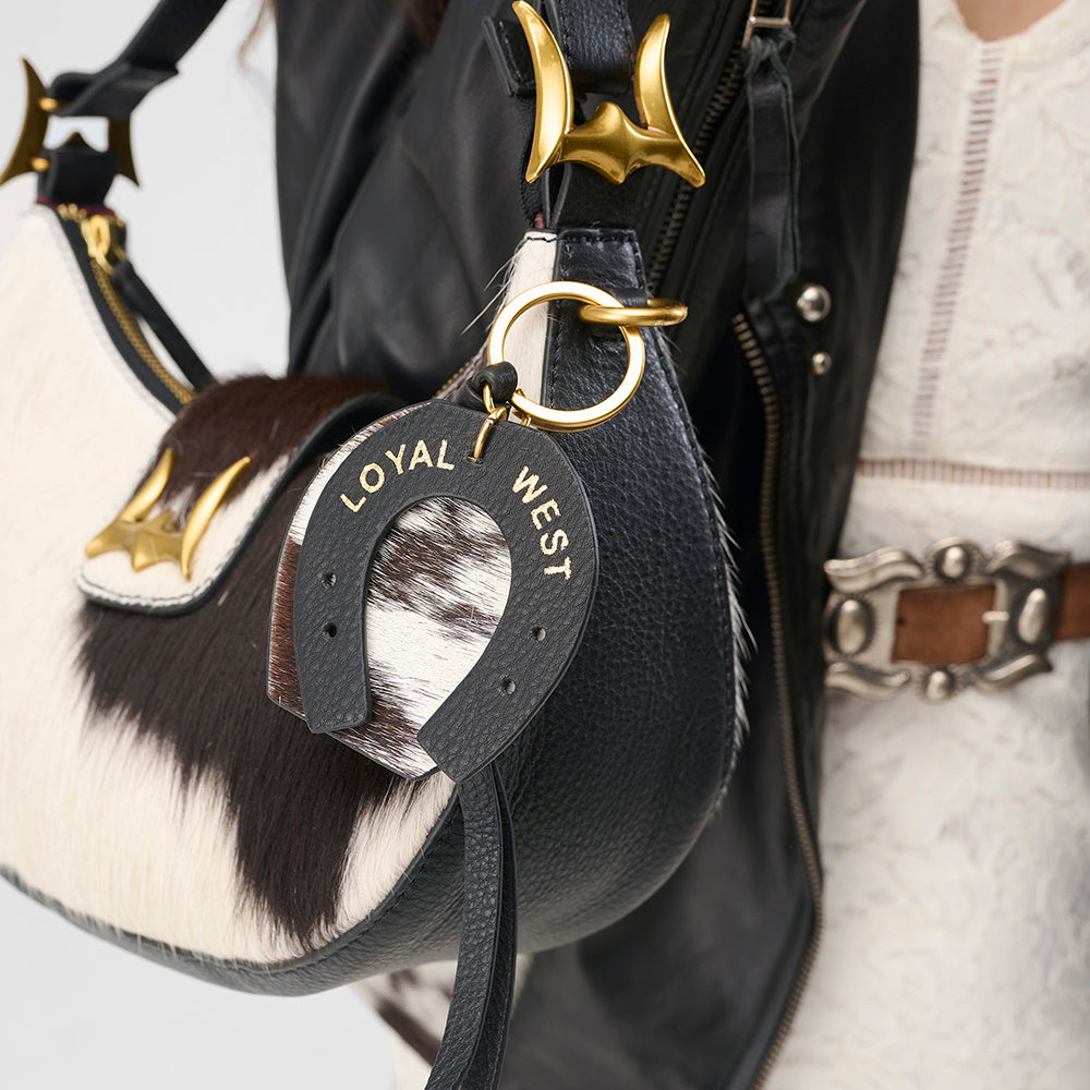 Loyal West Horse Shoe Bag Charm In Black & White Cowhide