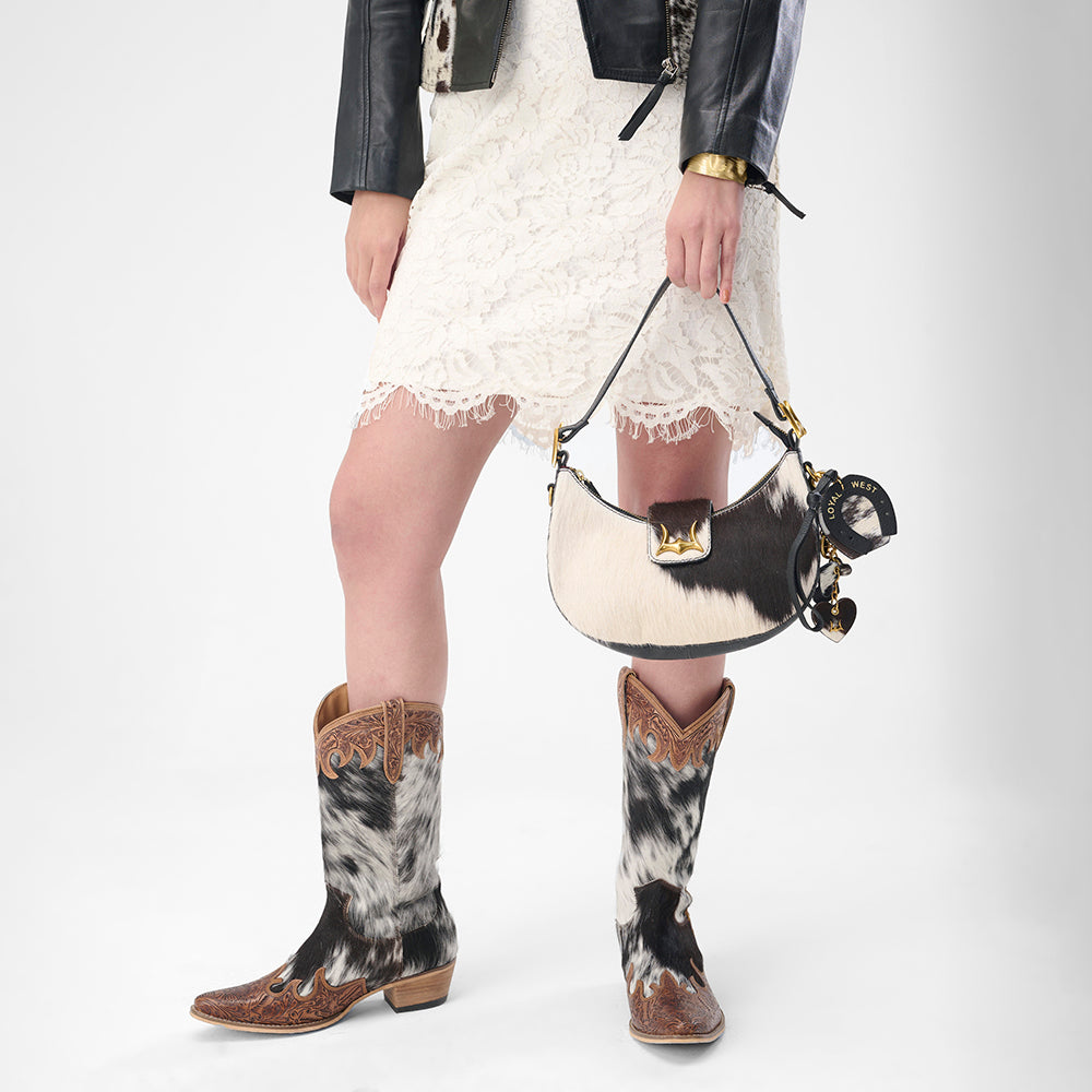 Loyal West Horse Shoe Bag Charm In Black & White Cowhide