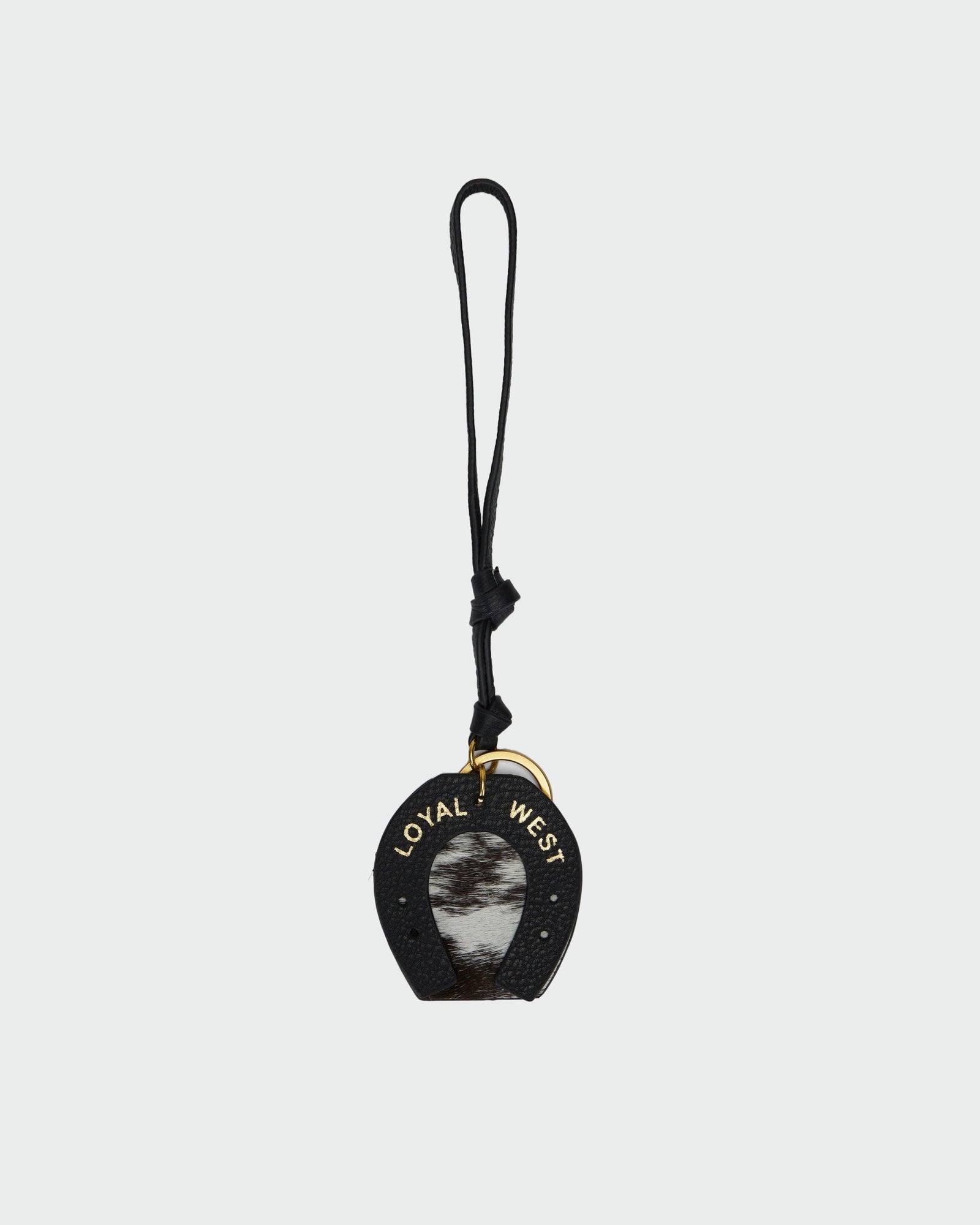 Loyal West Horse Shoe Bag Charm In Black & White Cowhide