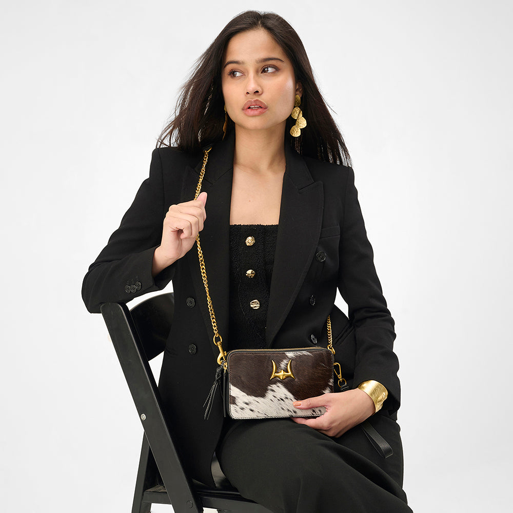 Loyal West Shell Mini Purse In Black & White Cowhide