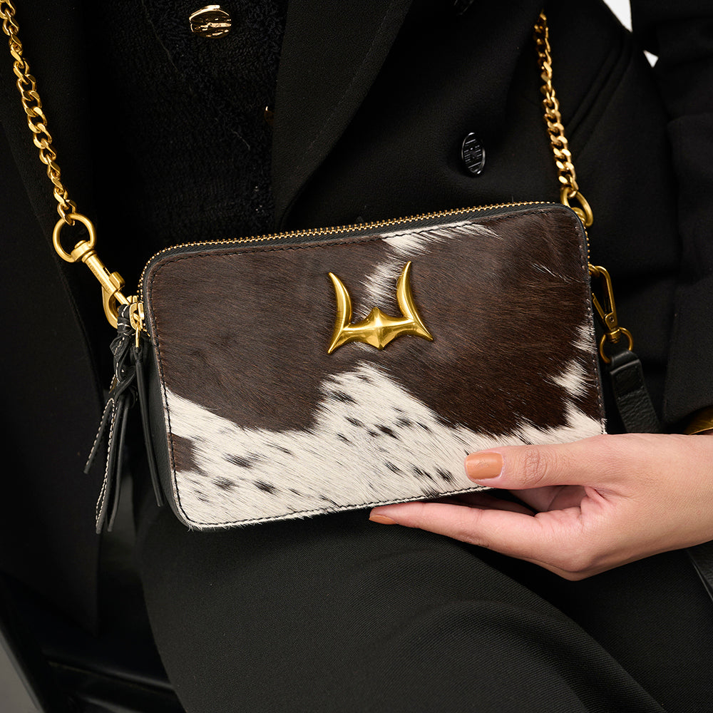 Loyal West Shell Mini Purse In Black & White Cowhide