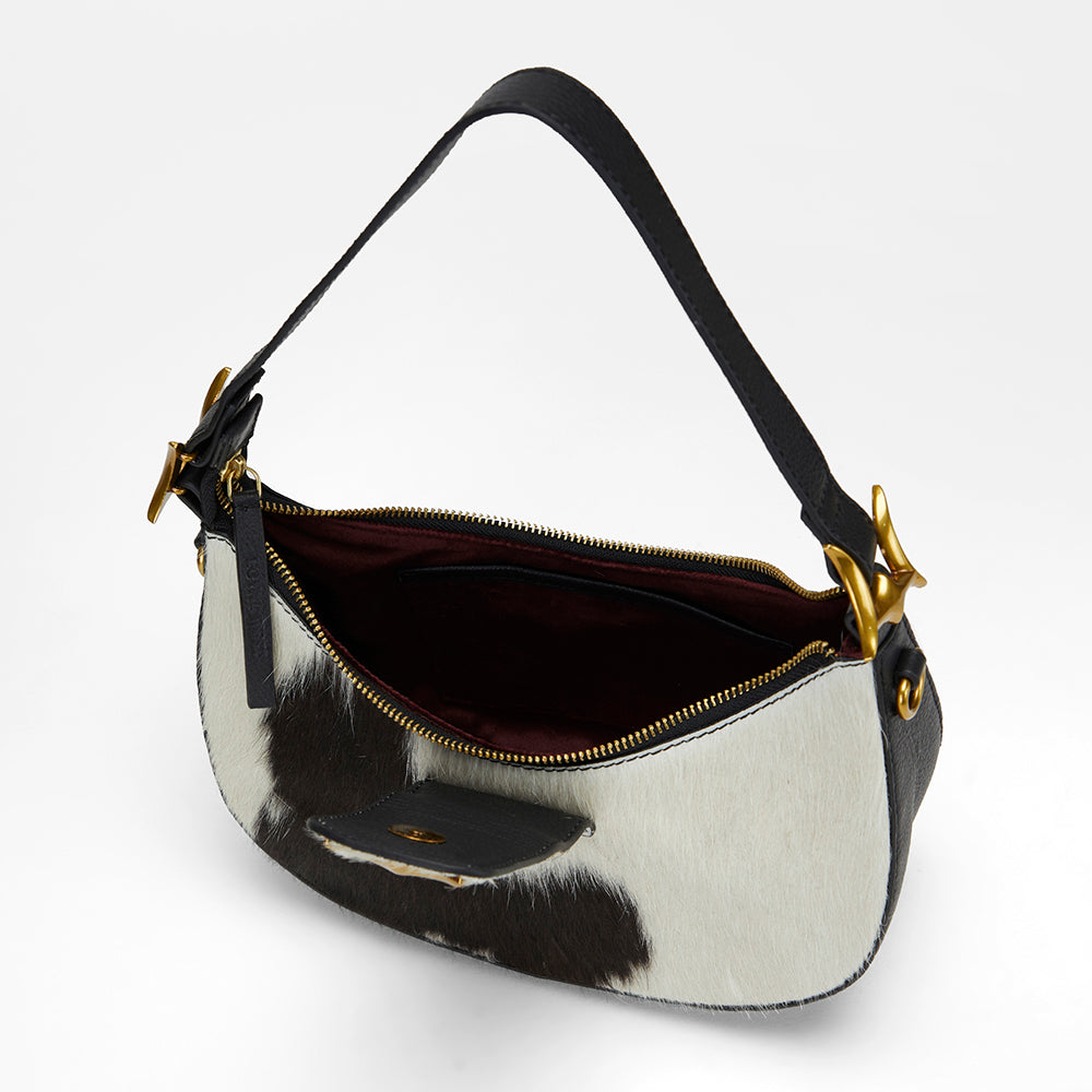 Loyal West Hobo Medium Purse In Black & White Cowhide