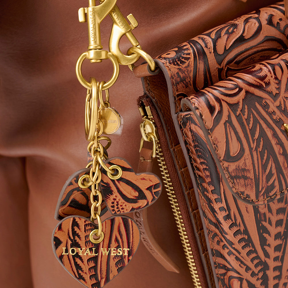 Loyal West Heart Shape Keychain In Hand Finished Embossed Leather -  Brown