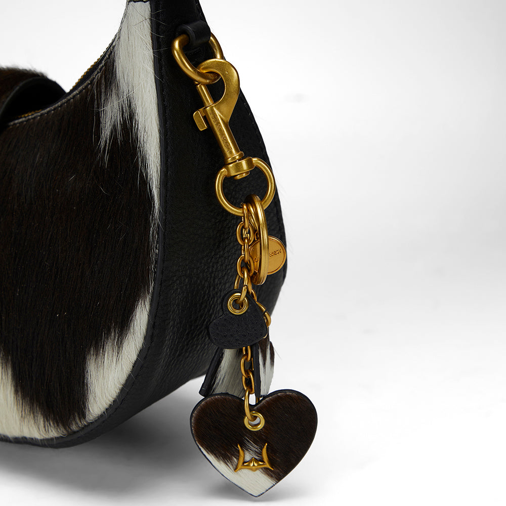 Loyal West Heart Shape Keychain In Black & White Cowhide Leather