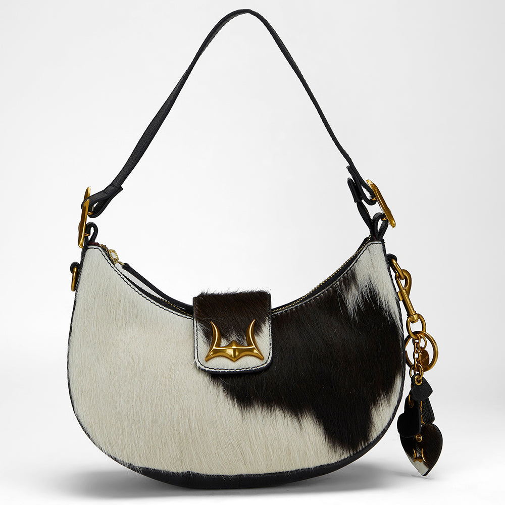 Loyal West Heart Shape Keychain In Black & White Cowhide Leather
