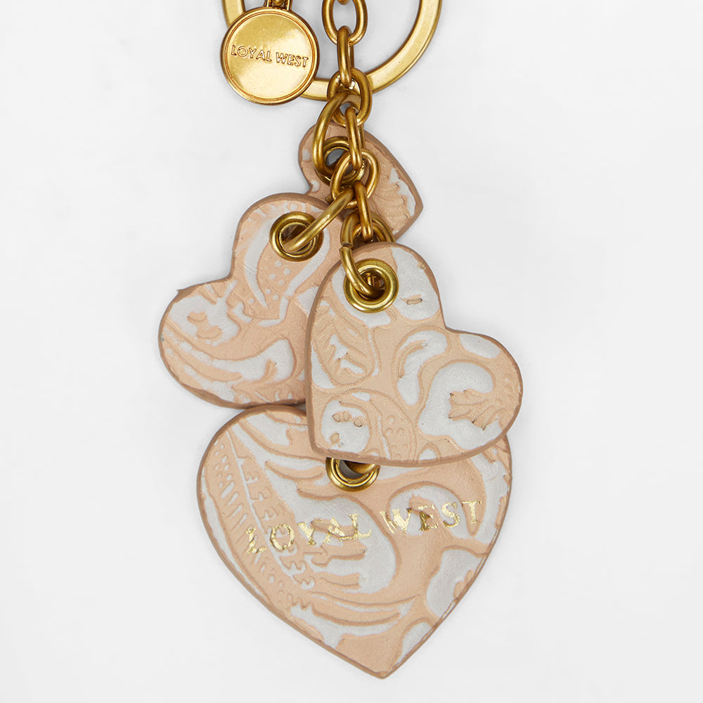 Loyal West Heart Shape Keychain In Hand Finished Embossed Leather - White