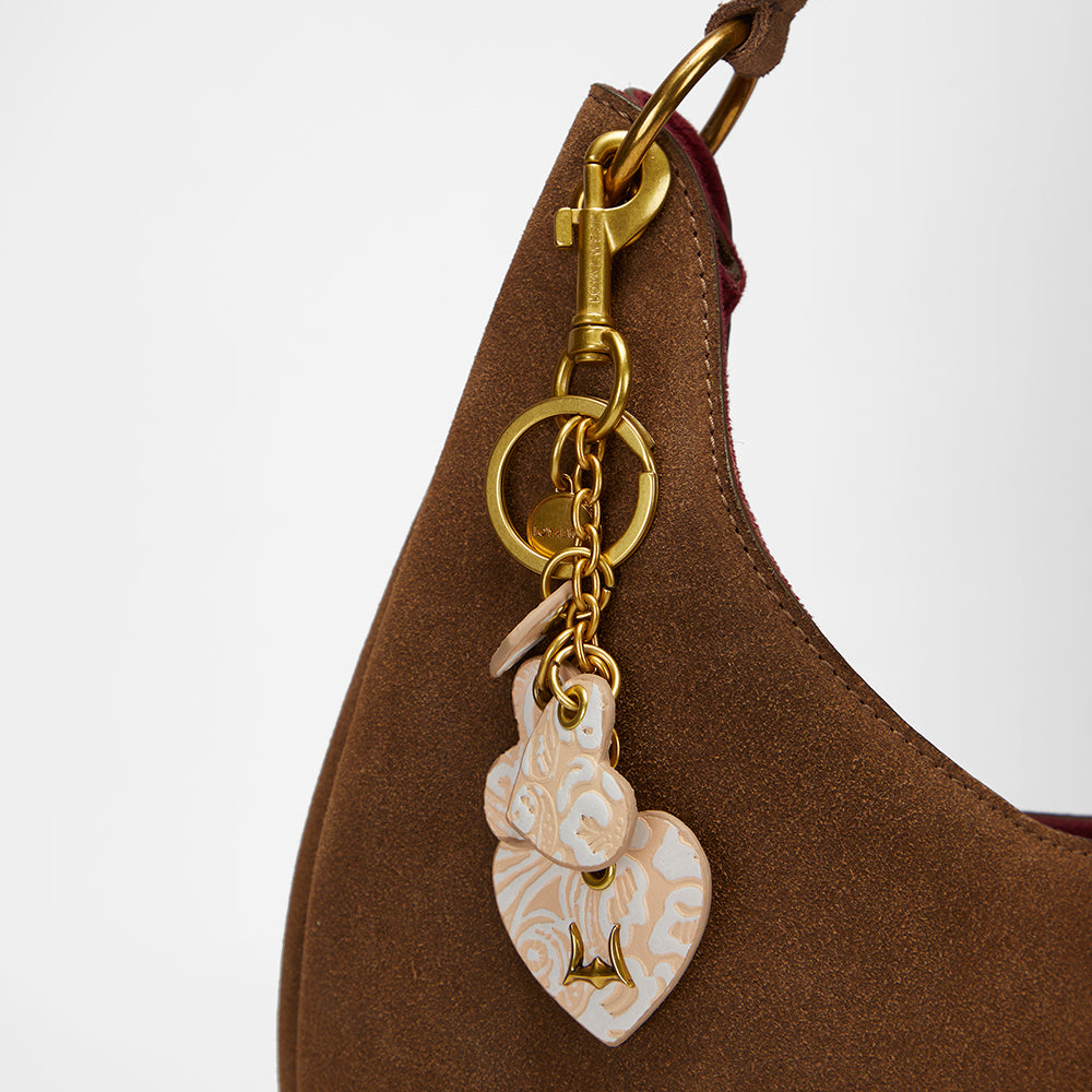 Loyal West Heart Shape Keychain In Hand Finished Embossed Leather - White