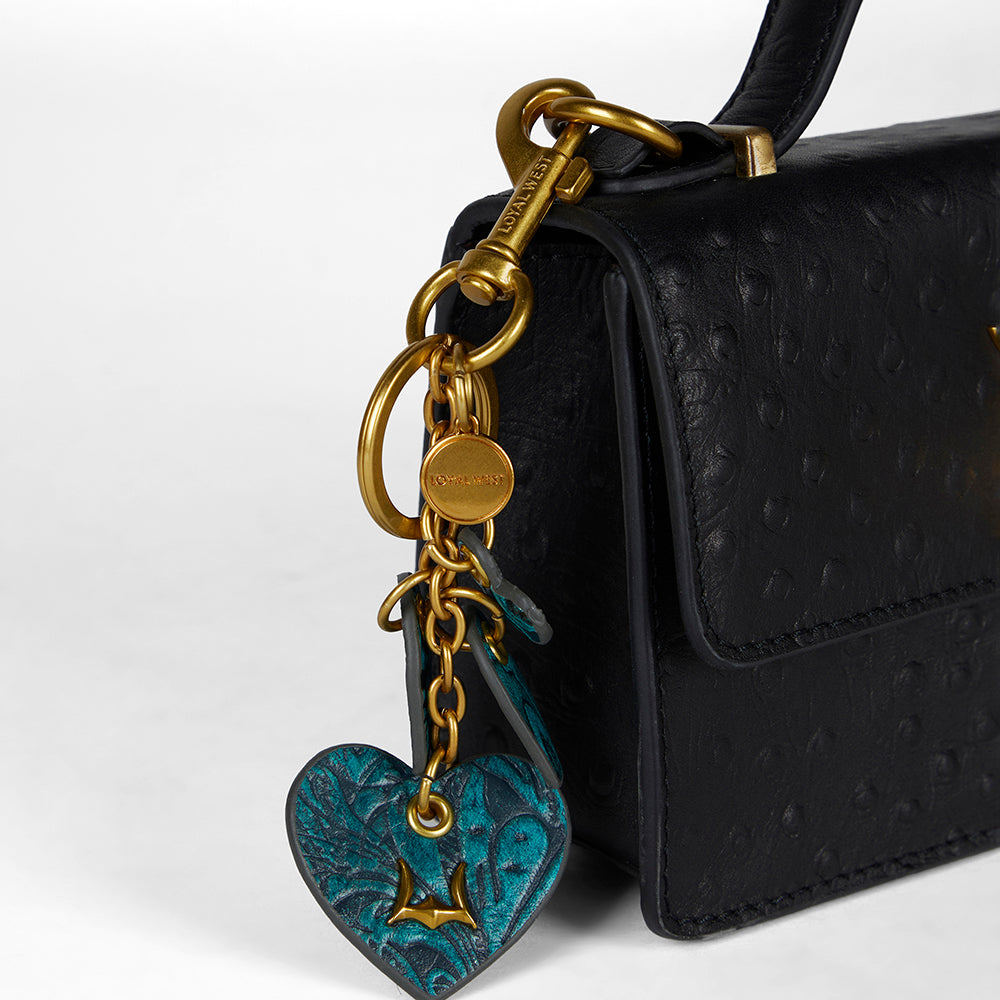 Loyal West Heart Shape Keychain In Hand Finished Embossed Leather - Turquoise