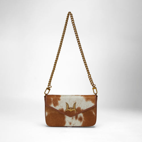 Loyal West The On The Go Mini Chain Bag- In Brown & White Cowhide And Calfskin