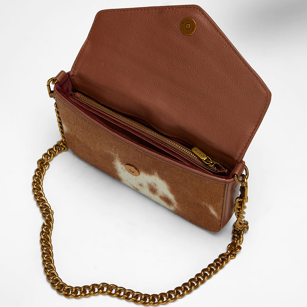 Loyal West The On The Go Mini Chain Bag- In Brown & White Cowhide And Calfskin