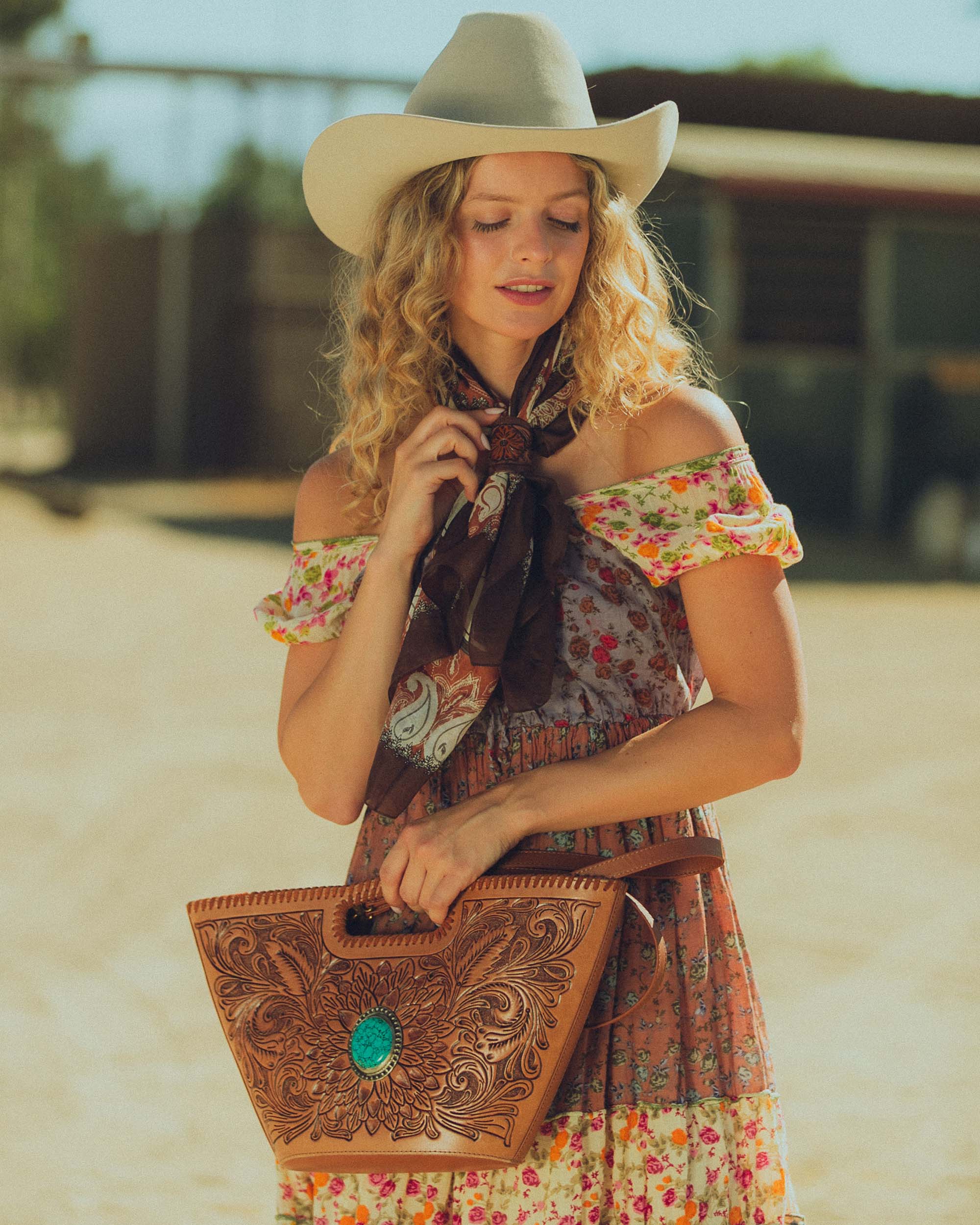 Loyal West Daylight'S Ballet Silk Scarves With Handtooled Leather Slider - Bone & Saddle