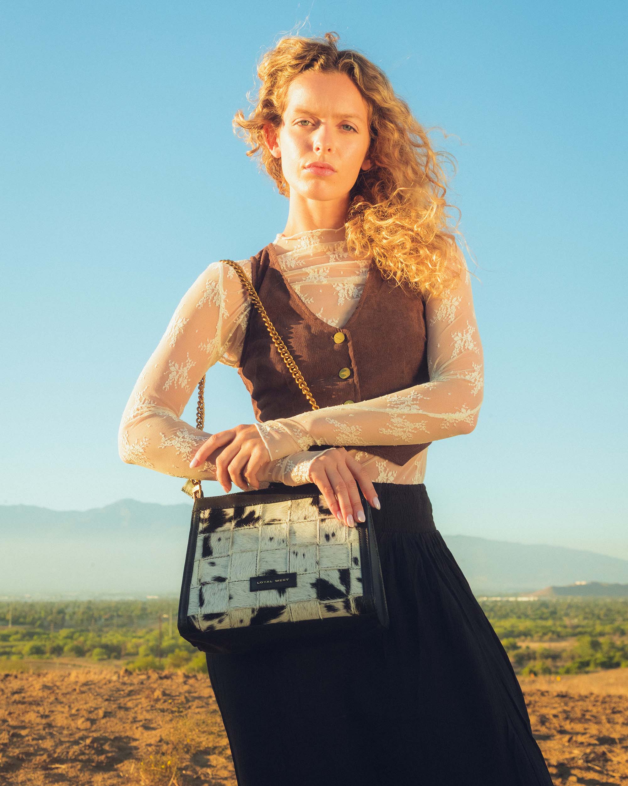 LOYAL WEST SCRAPPY MEDIUM CHAIN BAG IN COWHIDE AND BLACK CALFSKIN