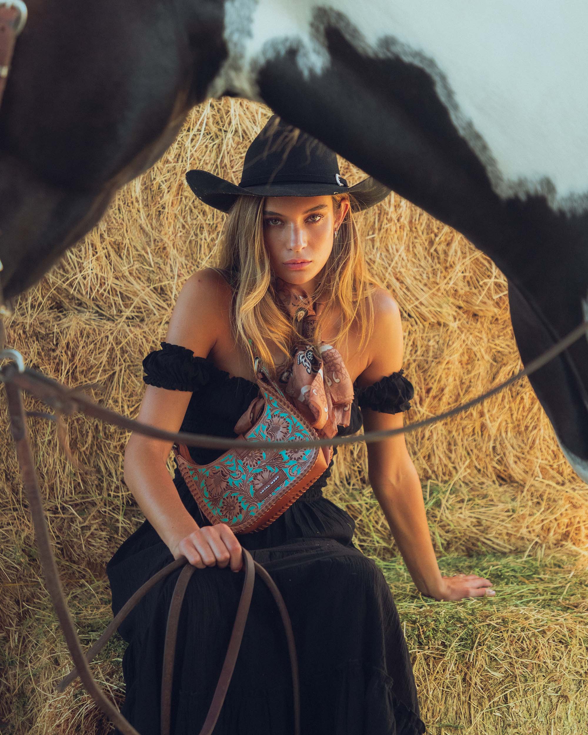 Loyal West Bandana Canyon Silk Scarves With Handtooled Leather Slider - Saddle Brown