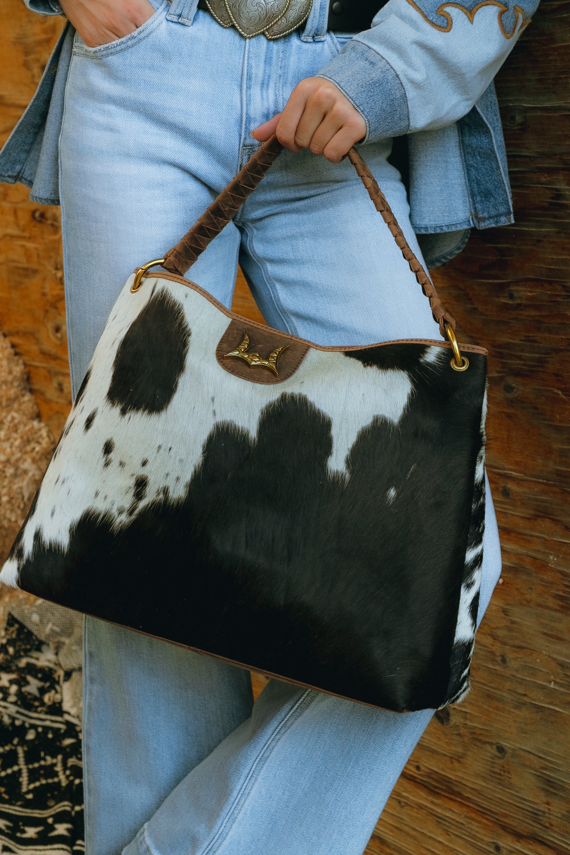 Lw Large Hobo Bag In Black & White Cowhide