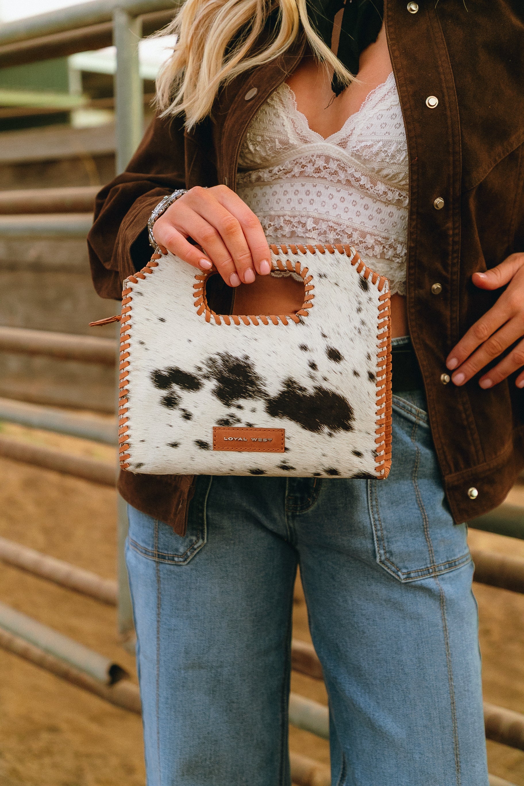 Alma Medium Hand Bag In Black & White Cowhide