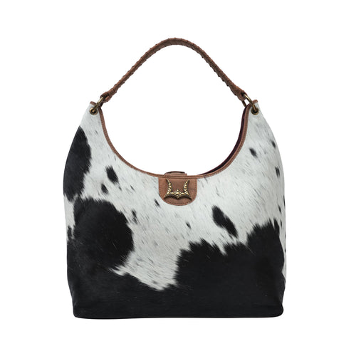 LW LARGE PURSE - BLACK & WHITE COWHIDE WITH BROWN LEATHER