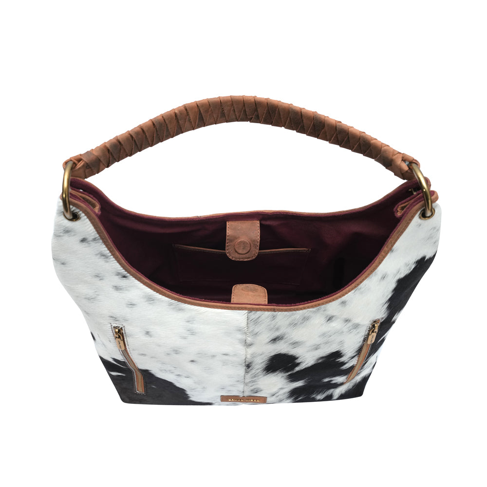 LW LARGE PURSE - BLACK & WHITE COWHIDE WITH BROWN LEATHER