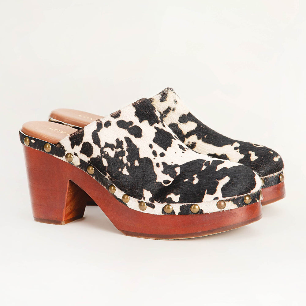 Loyal West Carlotta Trail Clogs Black And White Cowhide