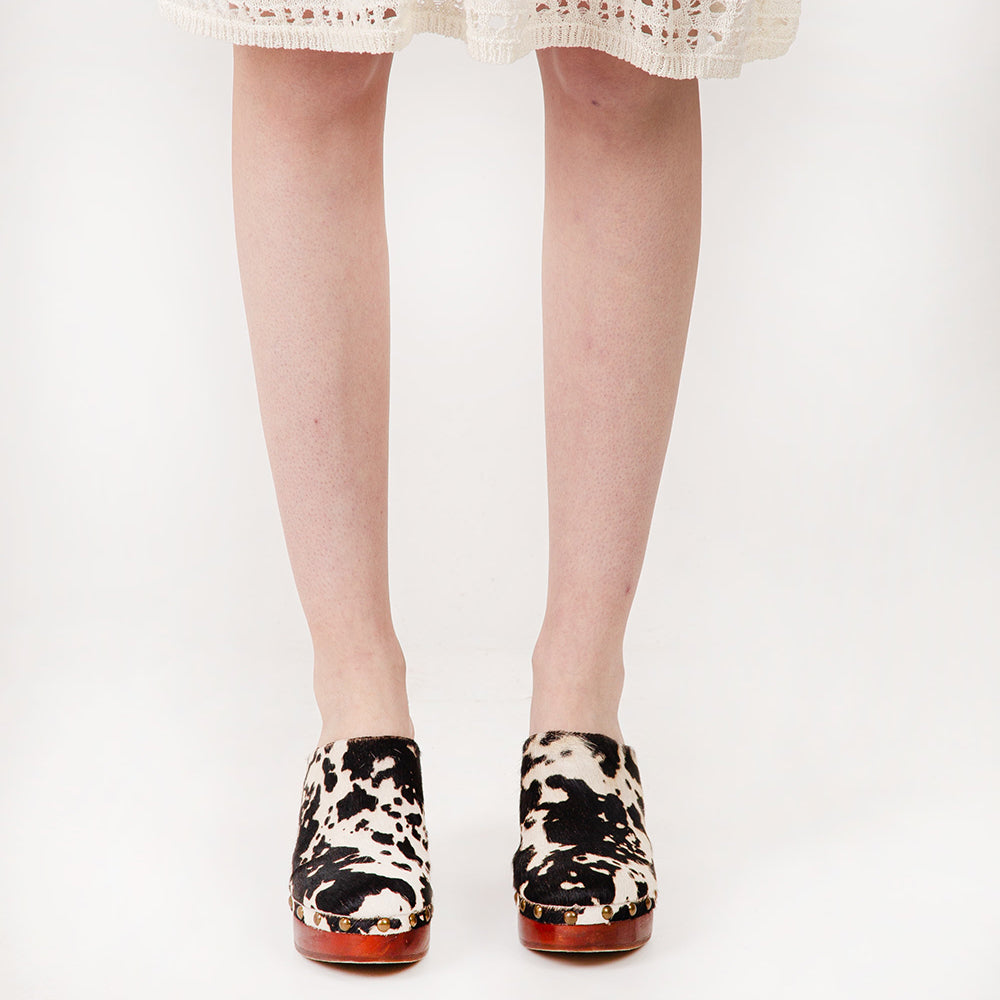 Loyal West Carlotta Trail Clogs Black And White Cowhide