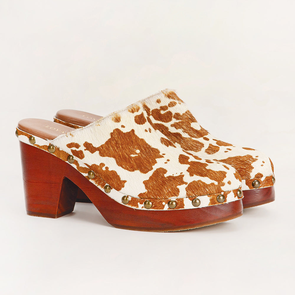 Loyal West Carlotta Trail Clogs Brown And White Cowhide