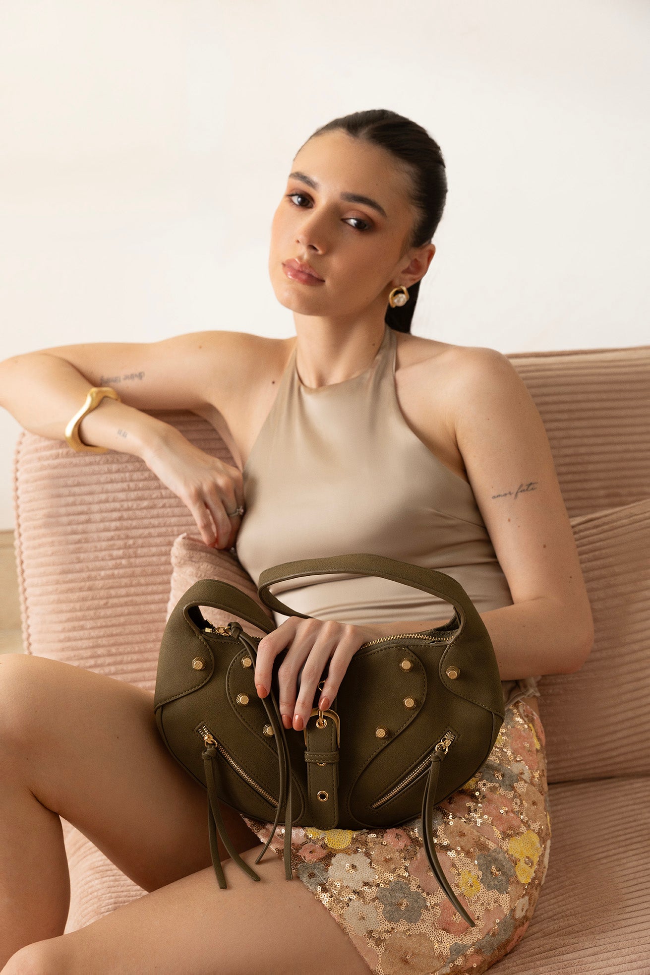 Ravenne Studded Shoulder Bag - Moss