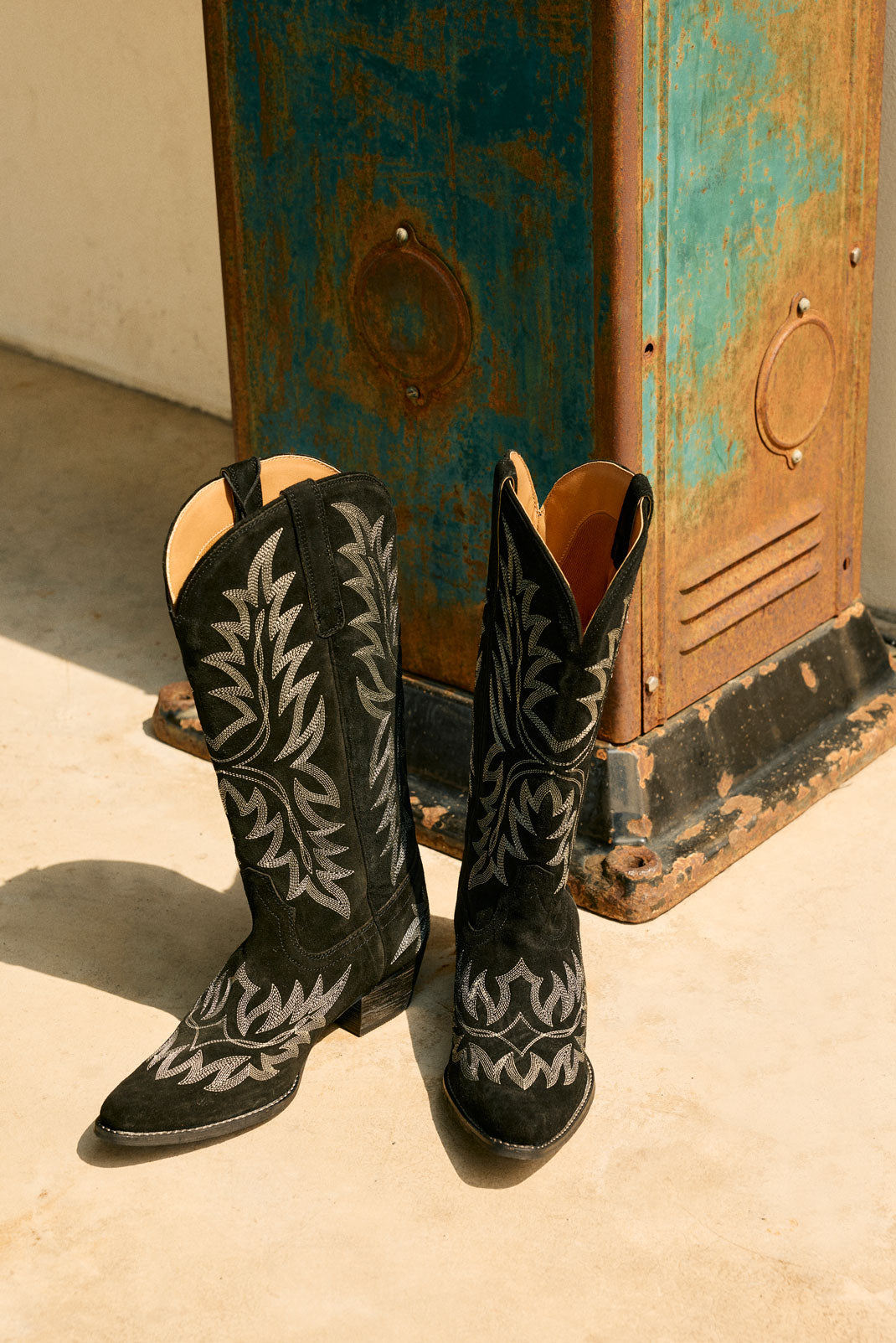 Midnight Trail Embroidered Leather Boots in Shadow Black