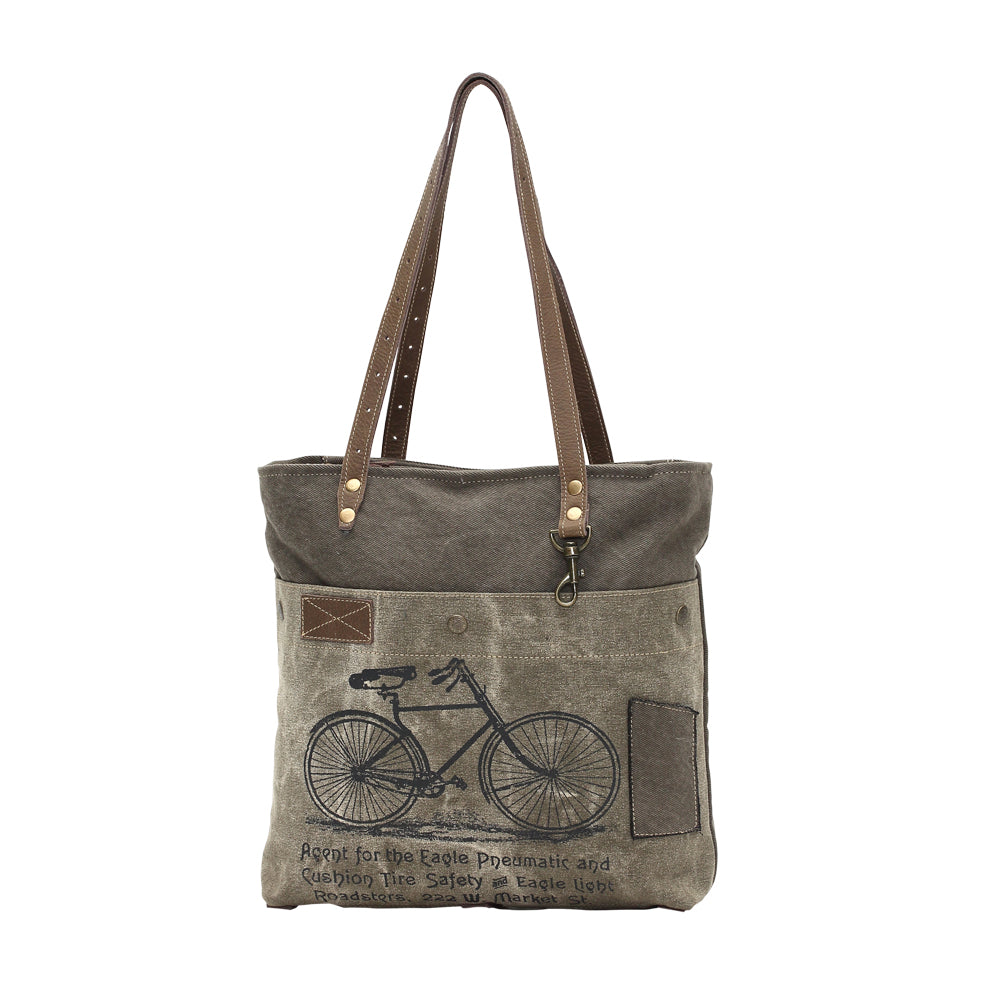 By-Cycle Print Canvas Tote Bag (Green) - Myra Bags