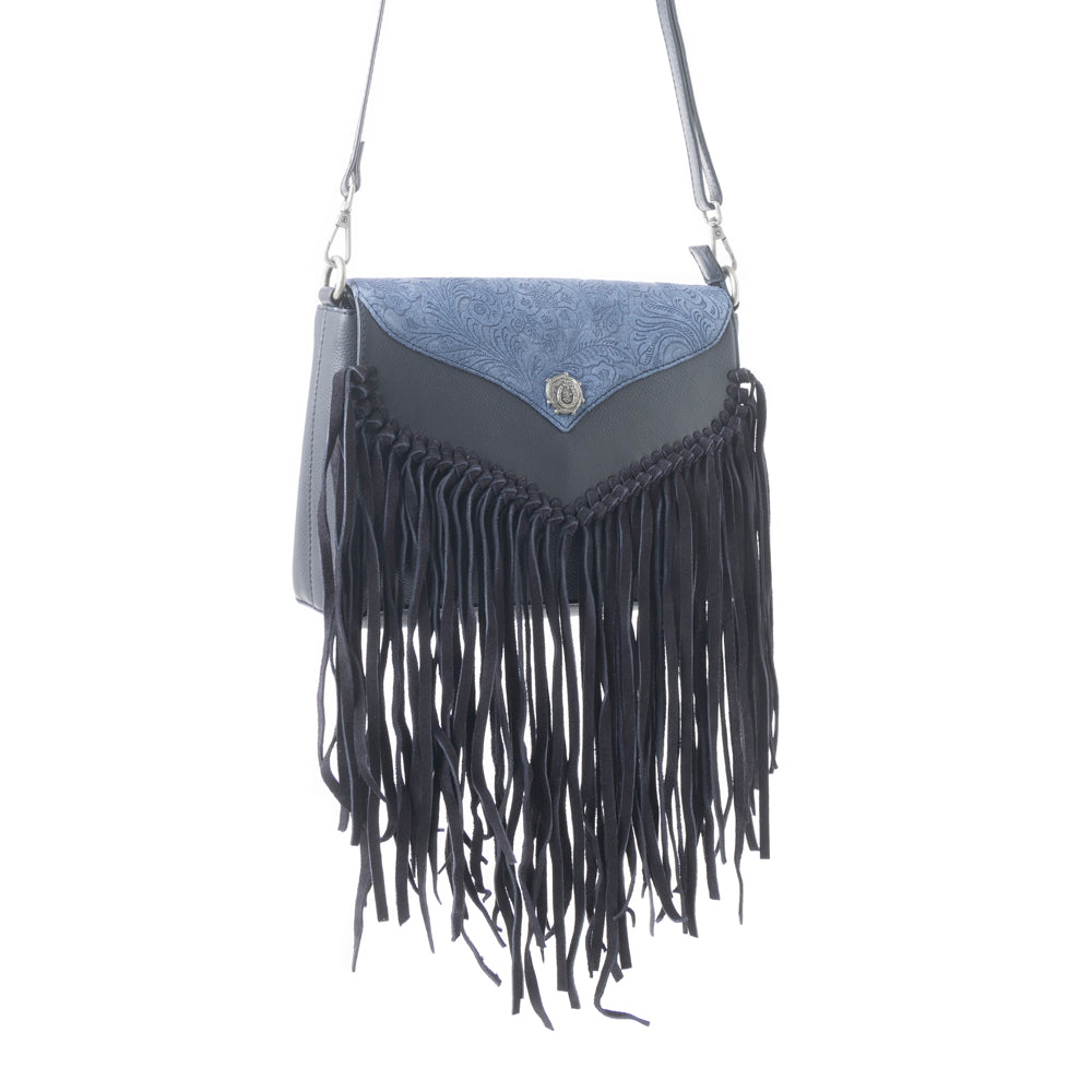 Wild West Fringe Leather Crossbody Bag in Ash Denim