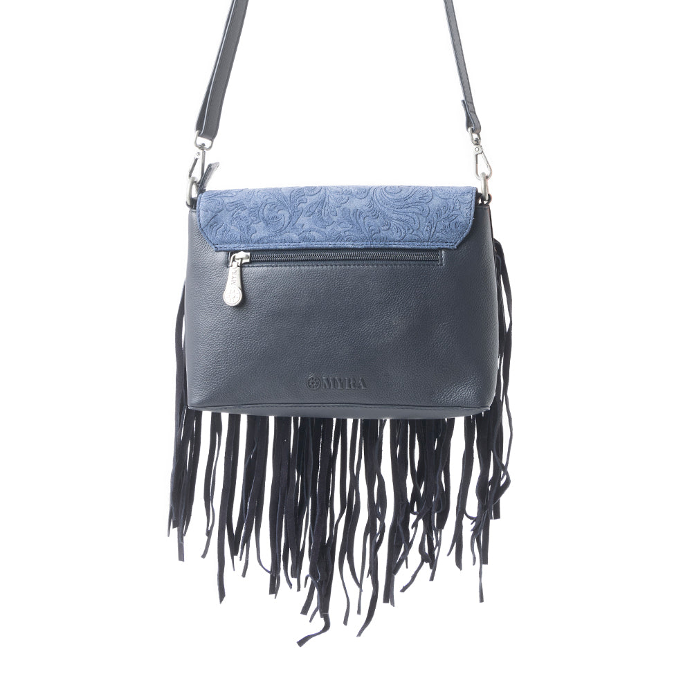 Wild West Fringe Leather Crossbody Bag in Ash Denim